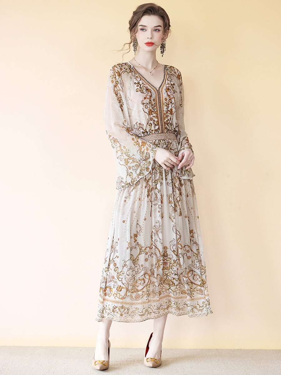 Luxurious Noble Pattern Beige Long Sleeve V Neck Maxi Silk Dress SD079