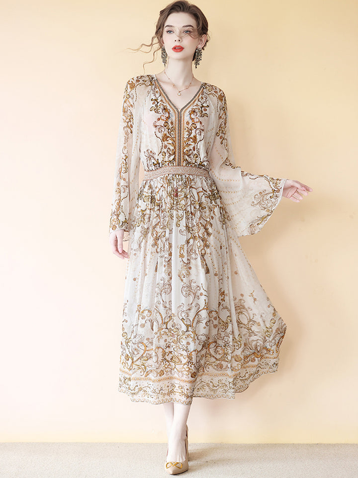 Luxurious Noble Pattern Beige Long Sleeve V Neck Maxi Silk Dress SD079