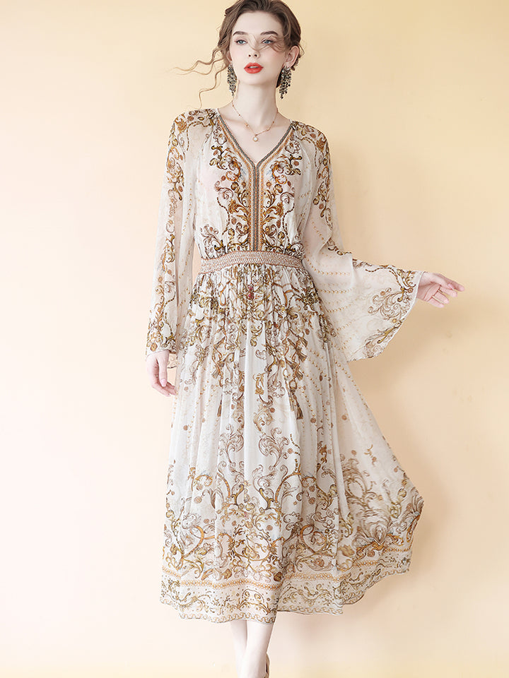 Luxurious Noble Pattern Beige Long Sleeve V Neck Maxi Silk Dress SD079