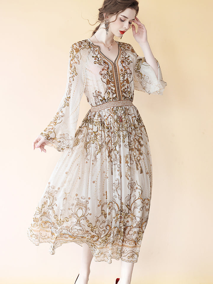 Luxurious Noble Pattern Beige Long Sleeve V Neck Maxi Silk Dress SD079