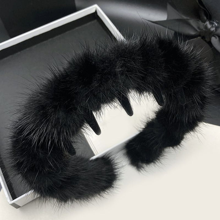 Real Mink Fur Headband Wome's Black Fluffy Hairband Hair Accessories