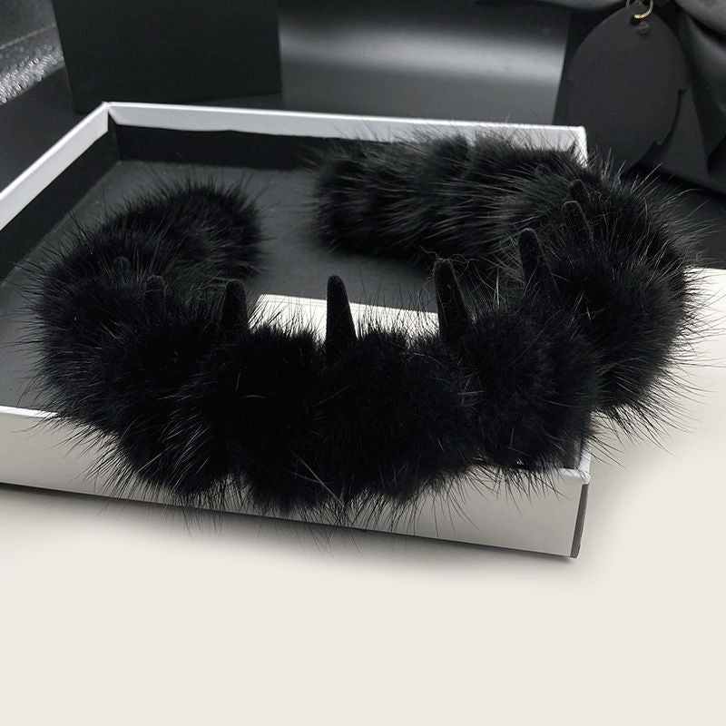 Real Mink Fur Headband Wome's Black Fluffy Hairband Hair Accessories