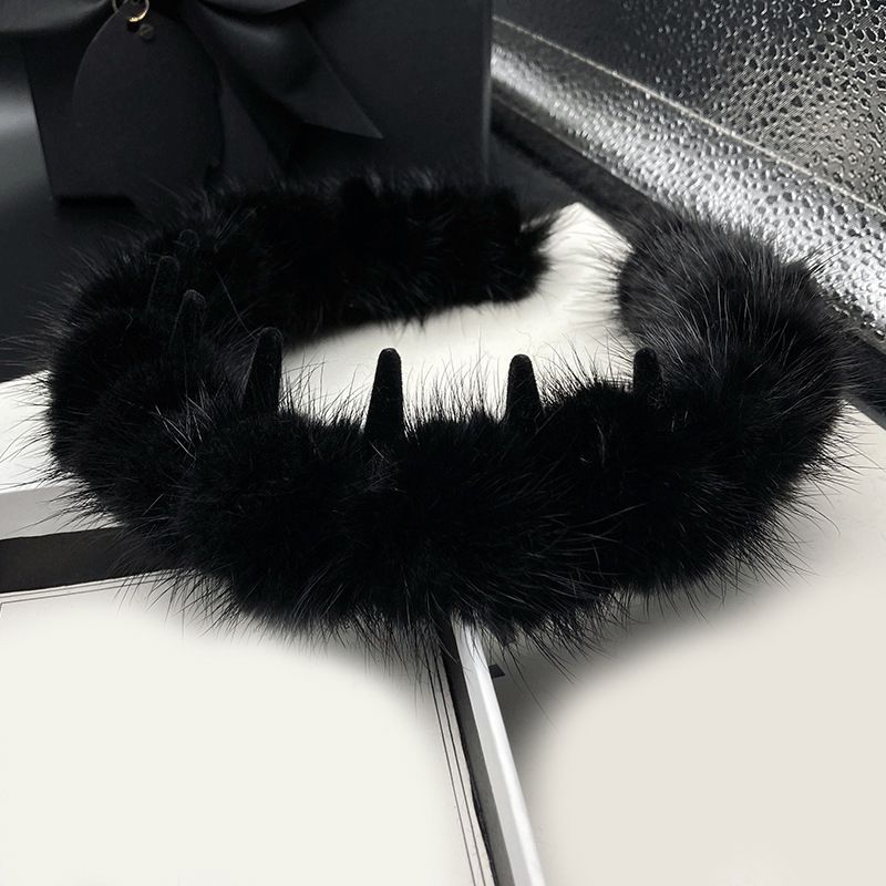 Real Mink Fur Headband Wome's Black Fluffy Hairband Hair Accessories