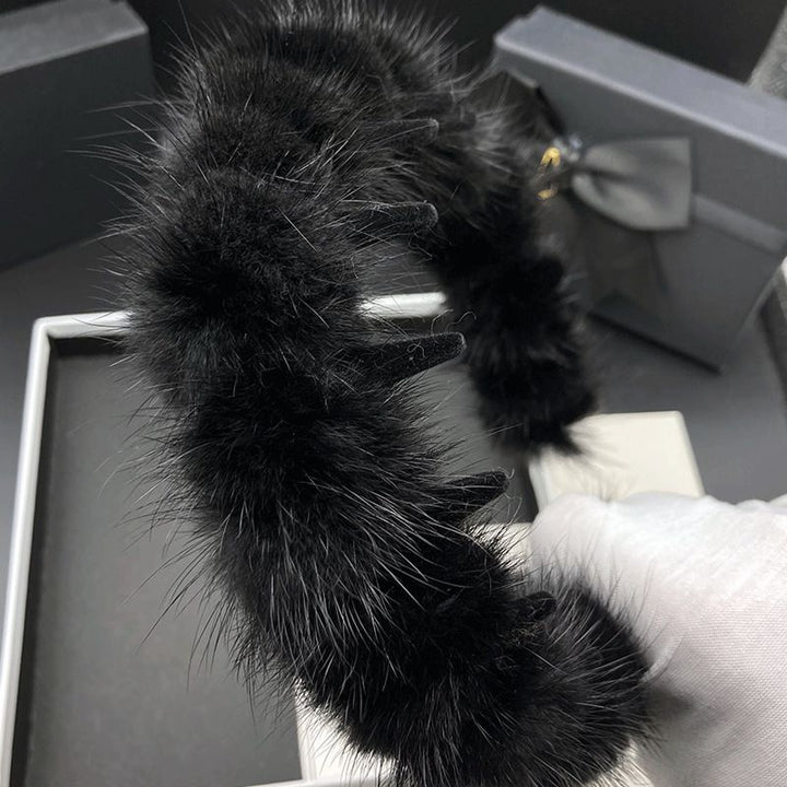 Real Mink Fur Headband Wome's Black Fluffy Hairband Hair Accessories