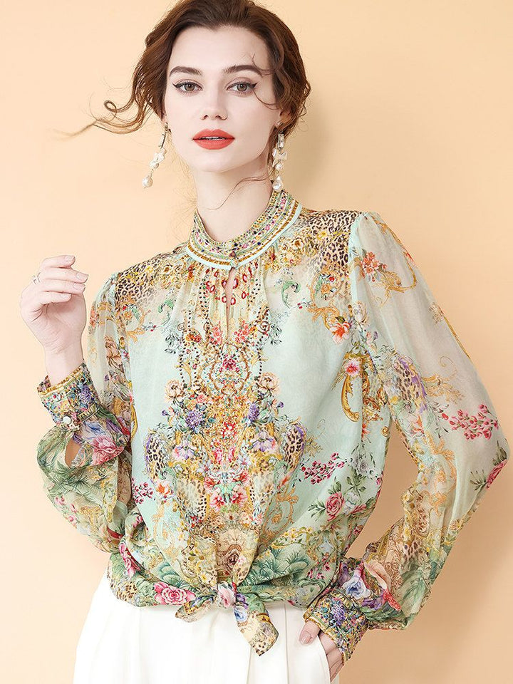 Mint Green Stand Collar Printed Mulberry Silk Long Sleeve Blouse
