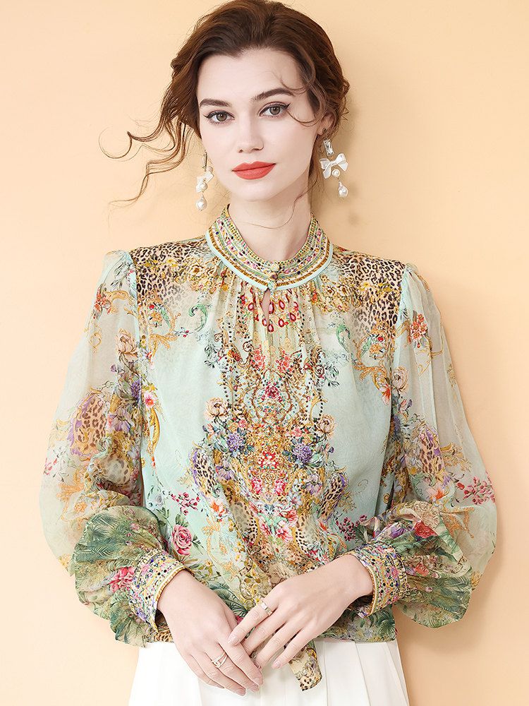 Mint Green Stand Collar Printed Mulberry Silk Long Sleeve Blouse