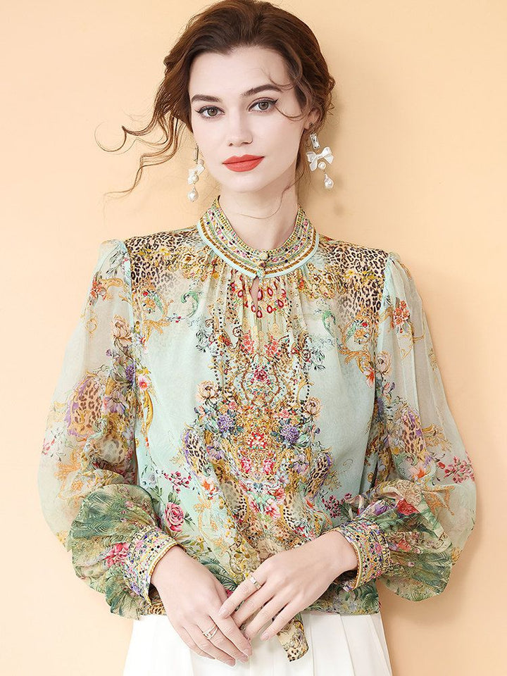 Mint Green Stand Collar Printed Mulberry Silk Long Sleeve Blouse