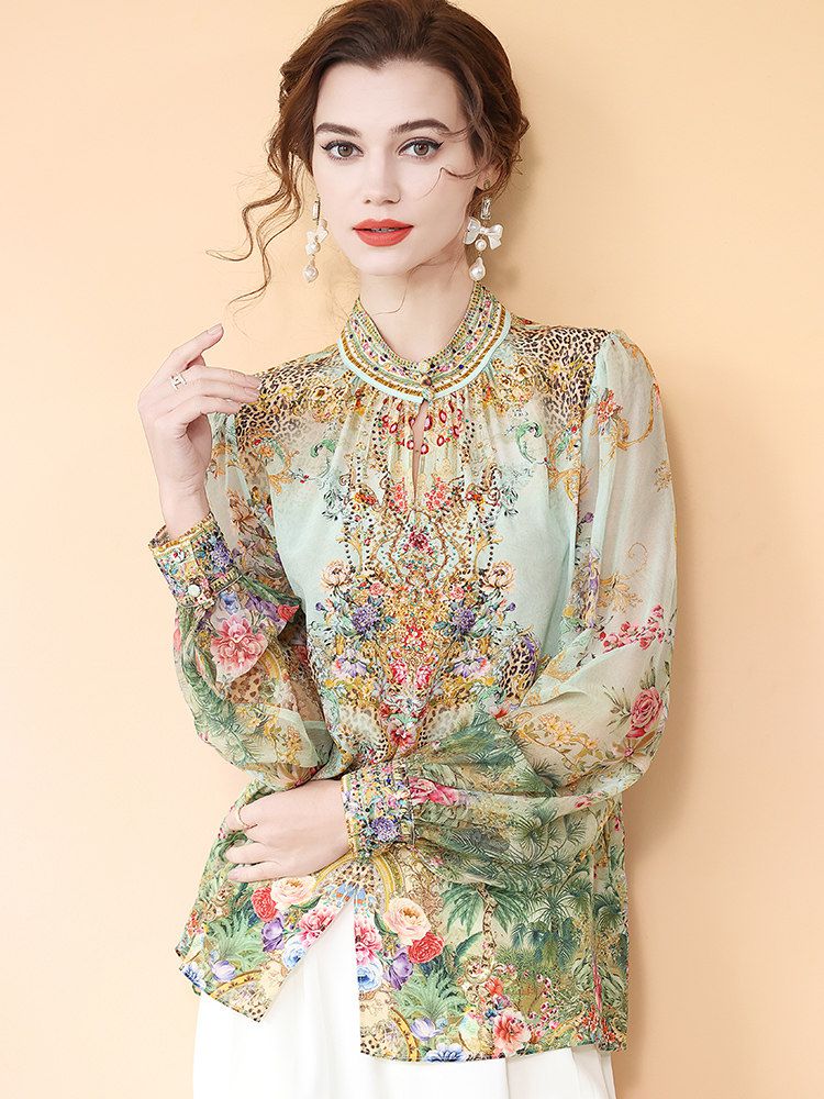 Mint Green Stand Collar Printed Mulberry Silk Long Sleeve Blouse