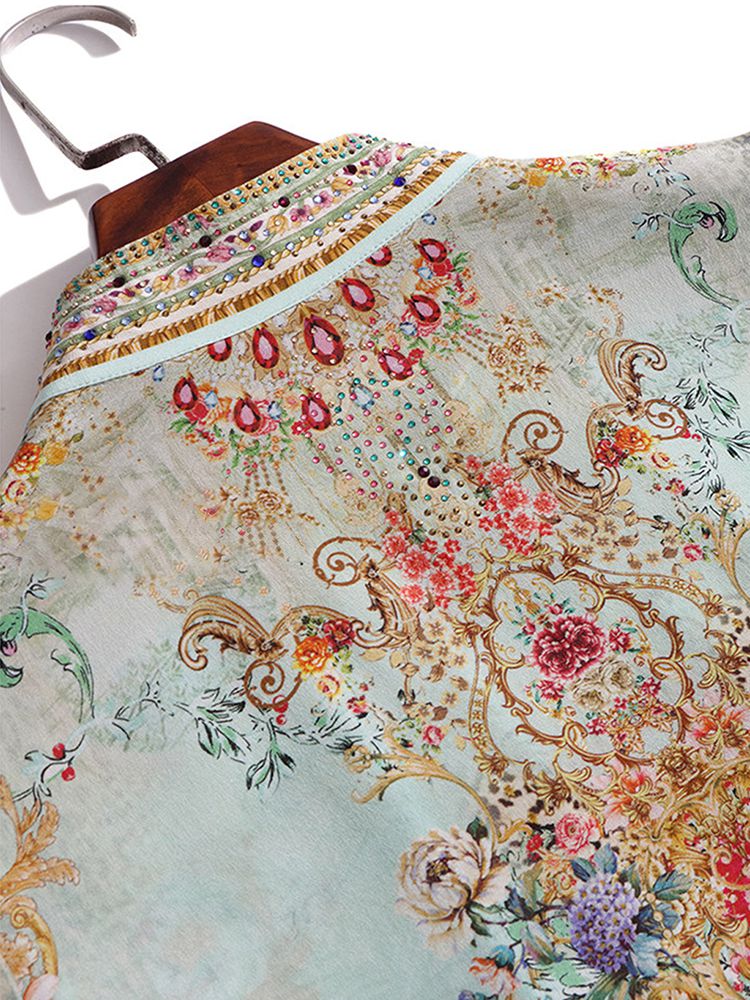 Mint Green Stand Collar Printed Mulberry Silk Long Sleeve Blouse