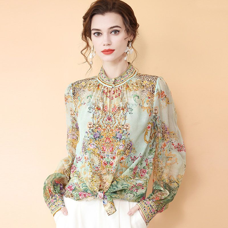 Mint Green Stand Collar Printed Mulberry Silk Long Sleeve Blouse