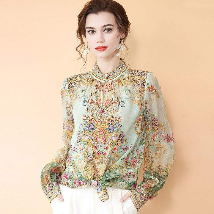 Mint Green Stand Collar Printed Mulberry Silk Long Sleeve Blouse