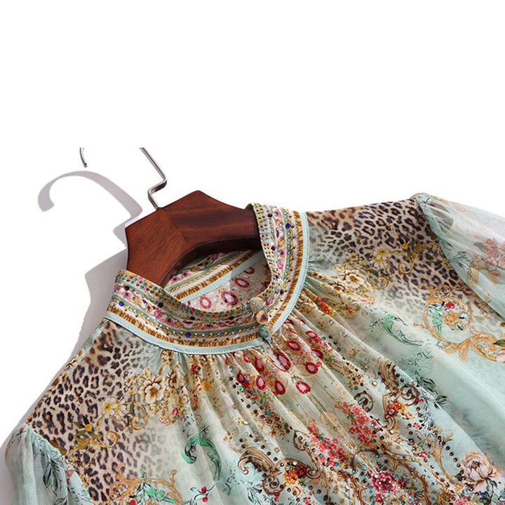 Mint Green Stand Collar Printed Mulberry Silk Long Sleeve Blouse