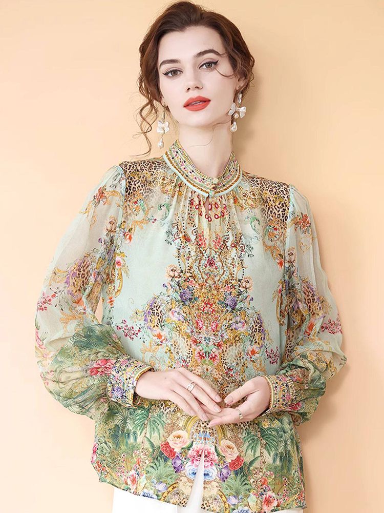 Mint Green Stand Collar Printed Mulberry Silk Long Sleeve Blouse