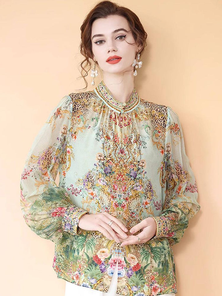 Mint Green Stand Collar Printed Mulberry Silk Long Sleeve Blouse