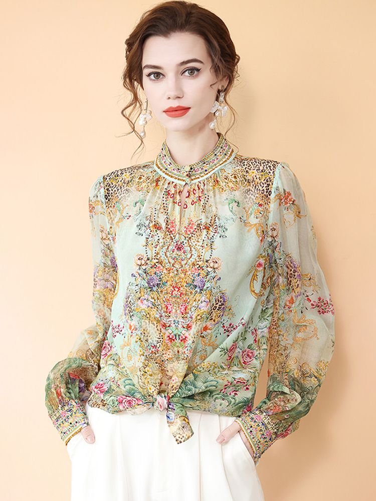 Mint Green Stand Collar Printed Mulberry Silk Long Sleeve Blouse