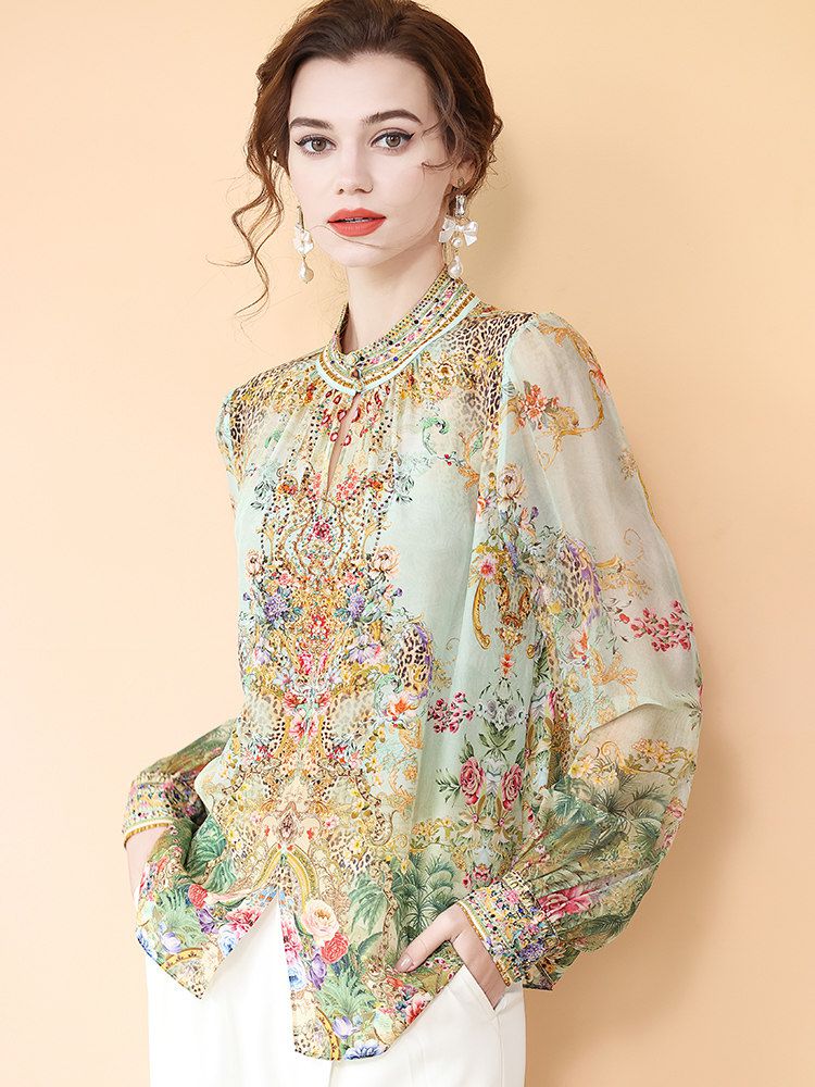Mint Green Stand Collar Printed Mulberry Silk Long Sleeve Blouse