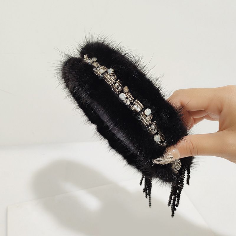 Real Mink Fur Rhinestone Luxury Headband for Women Fuzzy Fluffy Performance Costume Hair Accessory