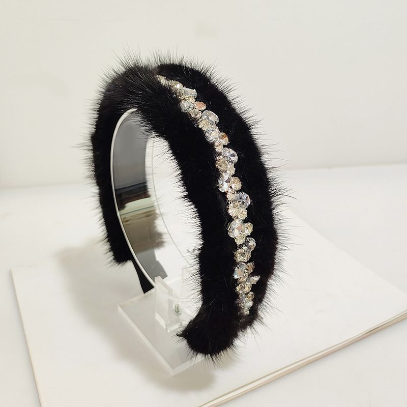 Real Mink Fur Rhinestone Luxury Headband for Women Fuzzy Fluffy Performance Costume Hair Accessory