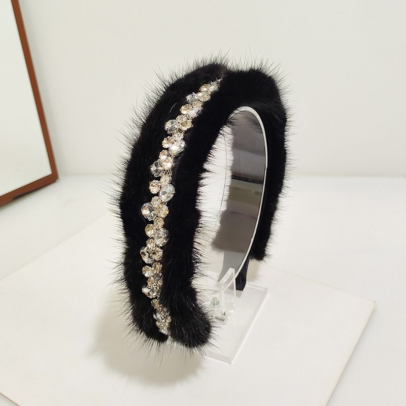 Real Mink Fur Rhinestone Luxury Headband for Women Fuzzy Fluffy Performance Costume Hair Accessory