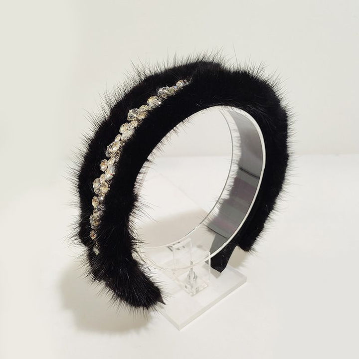 Real Mink Fur Rhinestone Luxury Headband for Women Fuzzy Fluffy Performance Costume Hair Accessory