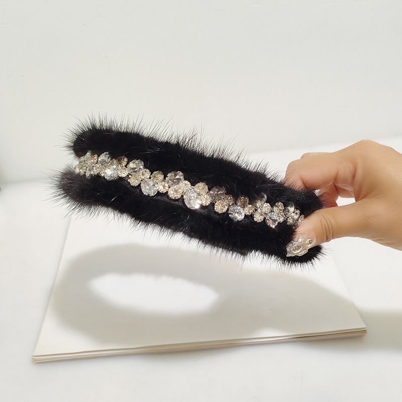 Real Mink Fur Rhinestone Luxury Headband for Women Fuzzy Fluffy Performance Costume Hair Accessory