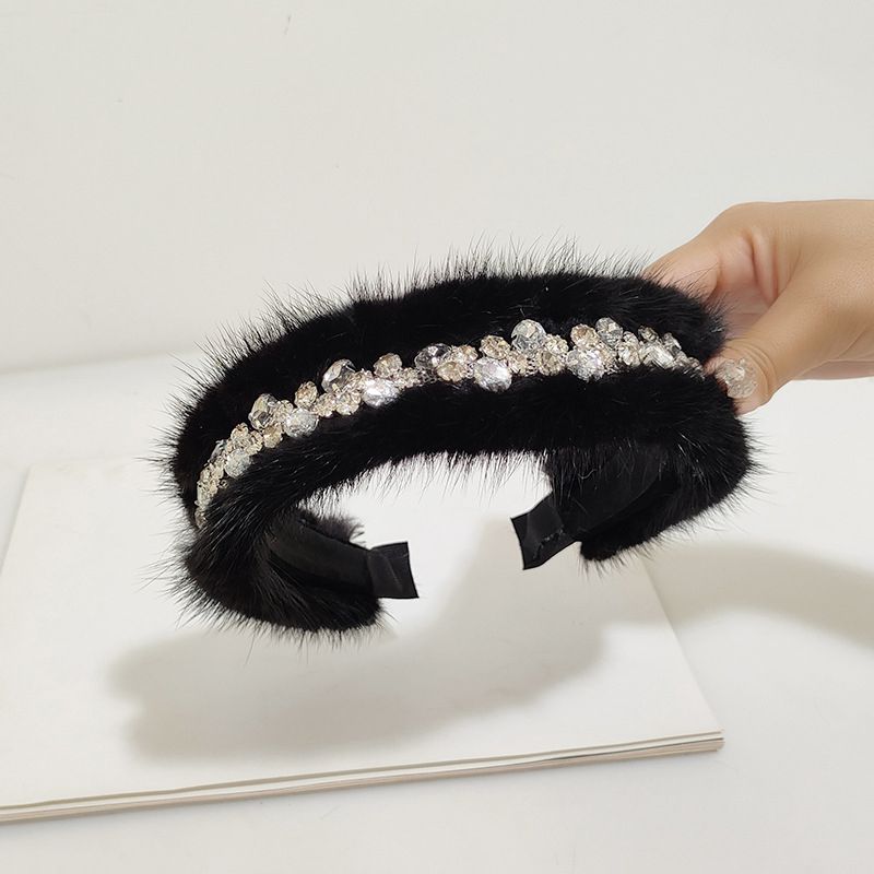 Real Mink Fur Rhinestone Luxury Headband for Women Fuzzy Fluffy Performance Costume Hair Accessory