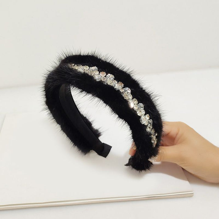 Real Mink Fur Rhinestone Luxury Headband for Women Fuzzy Fluffy Performance Costume Hair Accessory