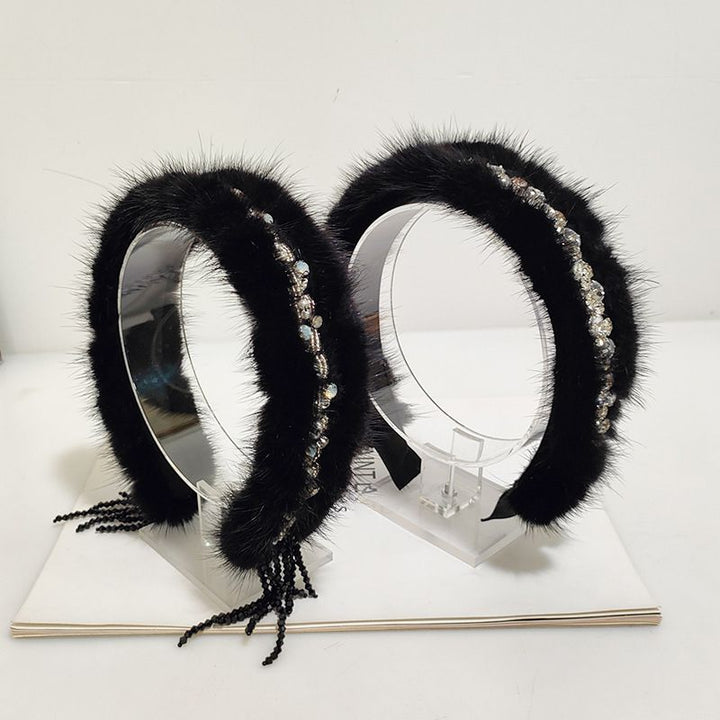 Real Mink Fur Rhinestone Luxury Headband for Women Fuzzy Fluffy Performance Costume Hair Accessory