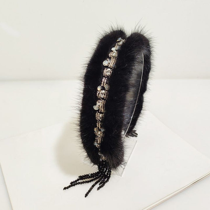 Real Mink Fur Rhinestone Luxury Headband for Women Fuzzy Fluffy Performance Costume Hair Accessory