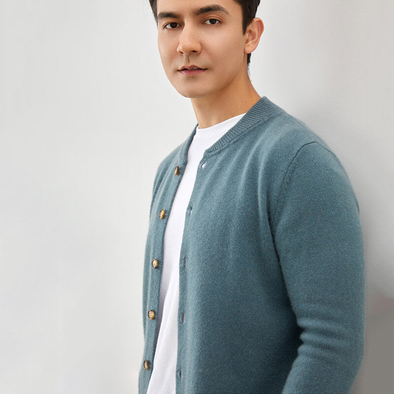Men's Crew Neck Button-Front Cashmere Cardigan Sweater