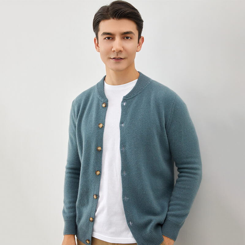 Men's Crew Neck Button-Front Cashmere Cardigan Sweater