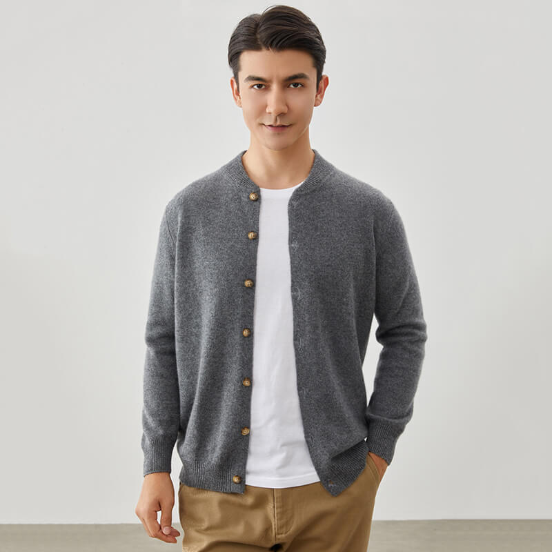 Men's Crew Neck Button-Front Cashmere Cardigan Sweater