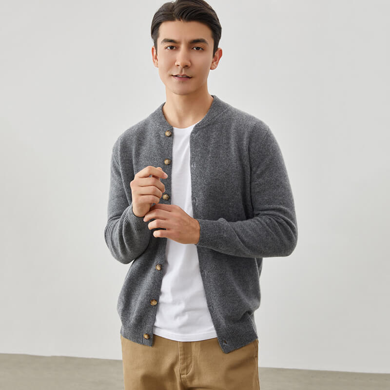 Men's Crew Neck Button-Front Cashmere Cardigan Sweater