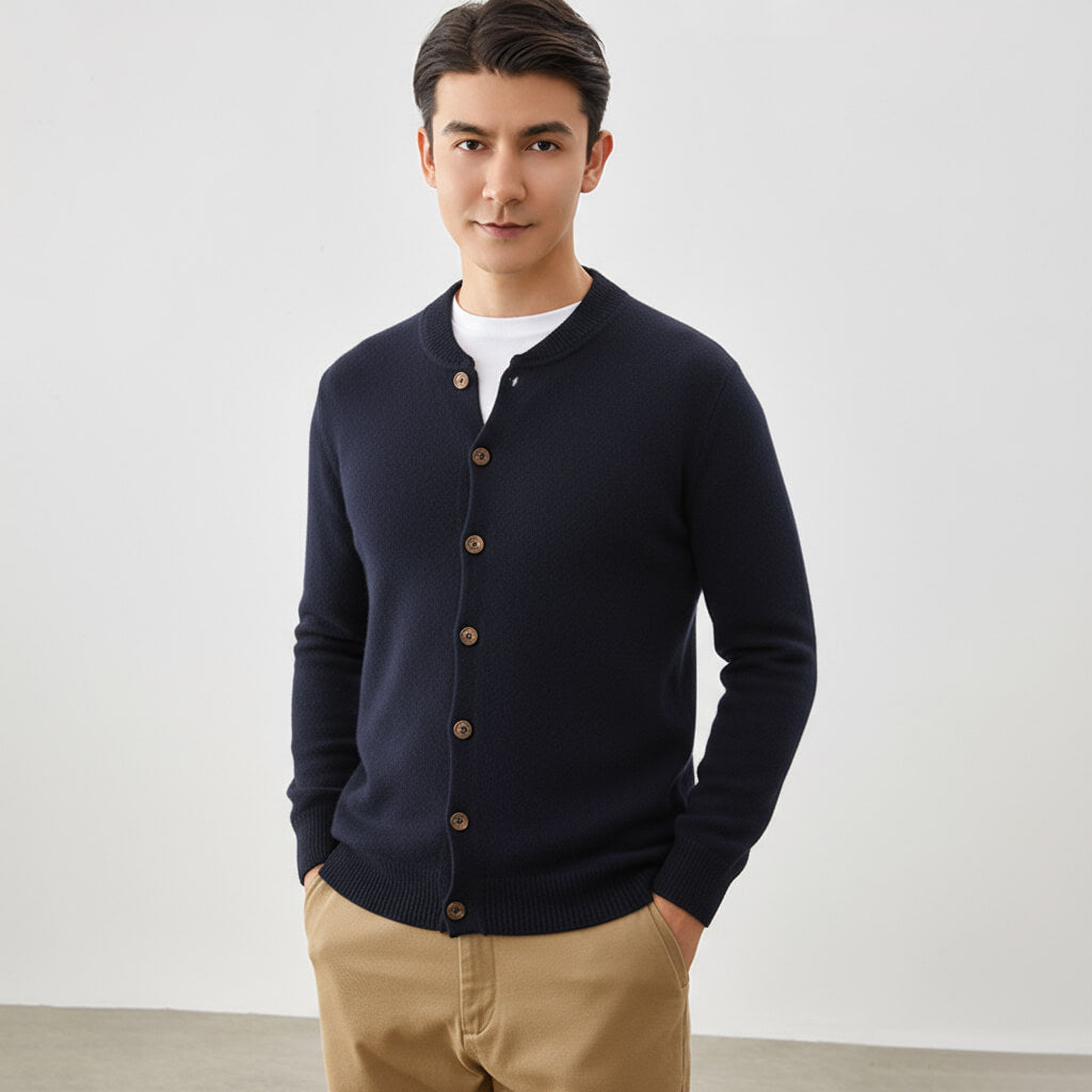 Men's Crew Neck Button-Front Cashmere Cardigan Sweater