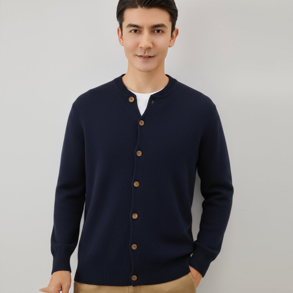 Men's Crew Neck Button-Front Cashmere Cardigan Sweater
