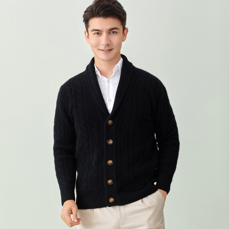 Men's Luxurious Cable-Knit Button-Down Cashmere Cardigan with Shawl Collar