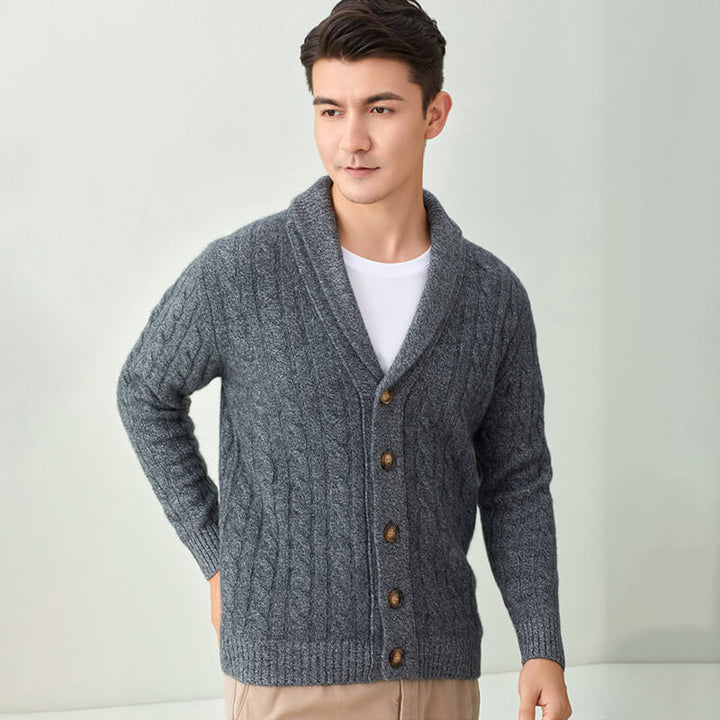 Men's Luxurious Cable-Knit Button-Down Cashmere Cardigan with Shawl Collar