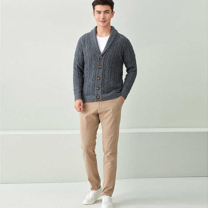 Men's Luxurious Cable-Knit Button-Down Cashmere Cardigan with Shawl Collar