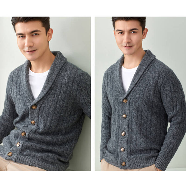 Men's Luxurious Cable-Knit Button-Down Cashmere Cardigan with Shawl Collar