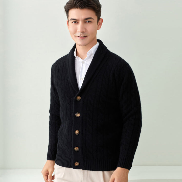 Men's Luxurious Cable-Knit Button-Down Cashmere Cardigan with Shawl Collar