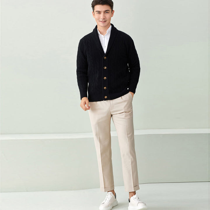 Men's Luxurious Cable-Knit Button-Down Cashmere Cardigan with Shawl Collar