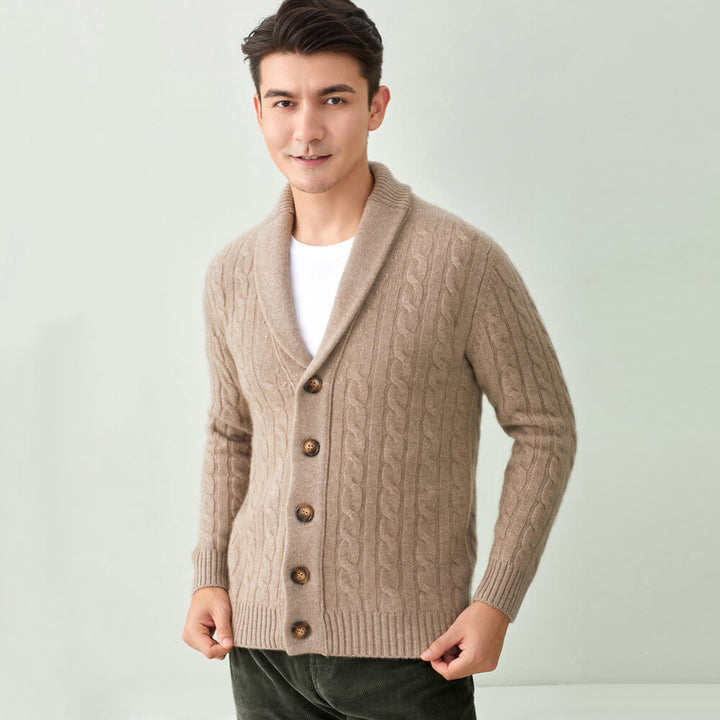 Men's Luxurious Cable-Knit Button-Down Cashmere Cardigan with Shawl Collar