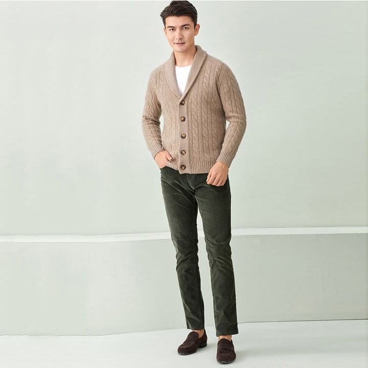 Men's Luxurious Cable-Knit Button-Down Cashmere Cardigan with Shawl Collar