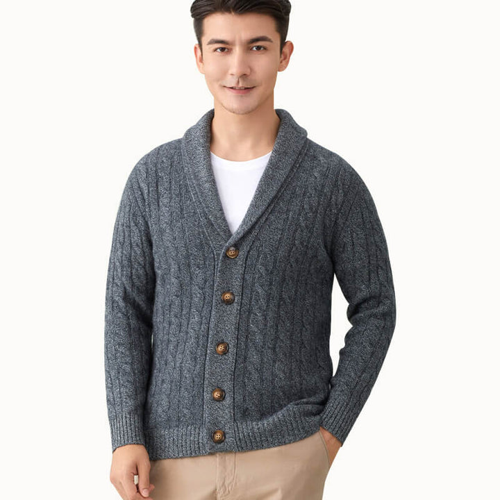 Men's Luxurious Cable-Knit Button-Down Cashmere Cardigan with Shawl Collar