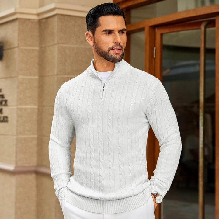 Men's Quarter-Zip Cable-Knit Cashmere Turtleneck Pullover Mock Neck Polo Sweater
