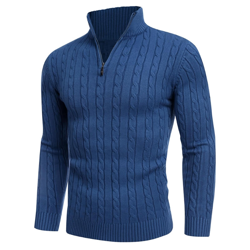 Men's Quarter-Zip Cable-Knit Cashmere Turtleneck Pullover Mock Neck Polo Sweater