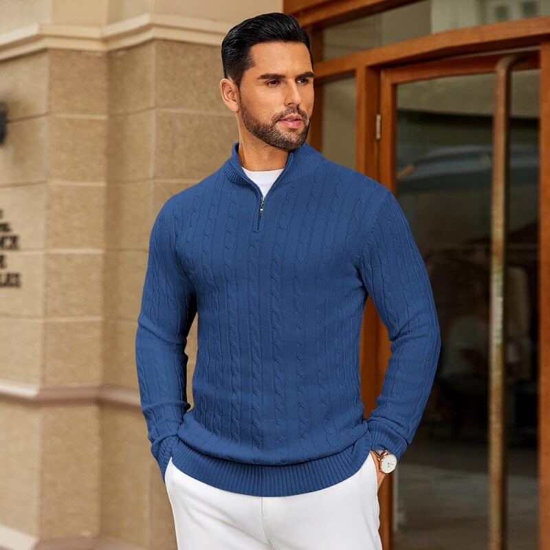 Men's Quarter-Zip Cable-Knit Cashmere Turtleneck Pullover Mock Neck Polo Sweater