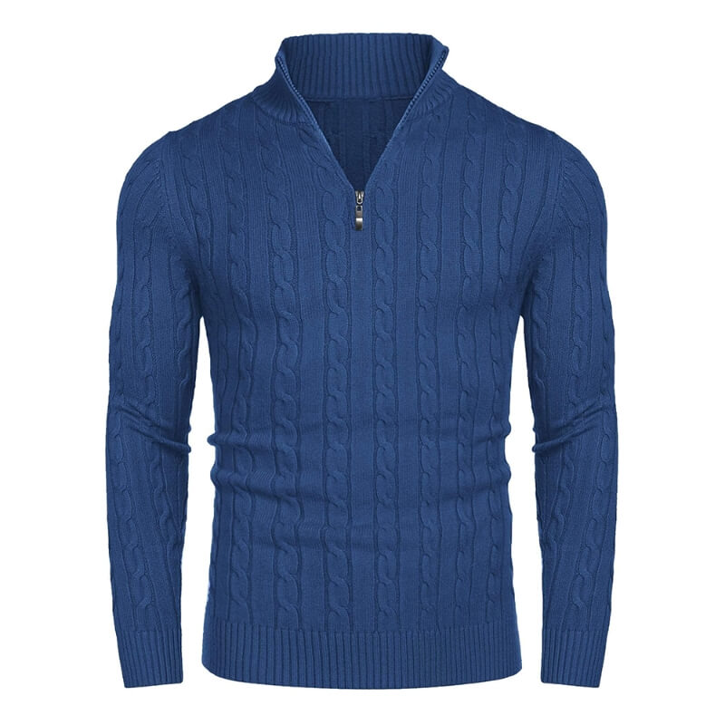Men's Quarter-Zip Cable-Knit Cashmere Turtleneck Pullover Mock Neck Polo Sweater