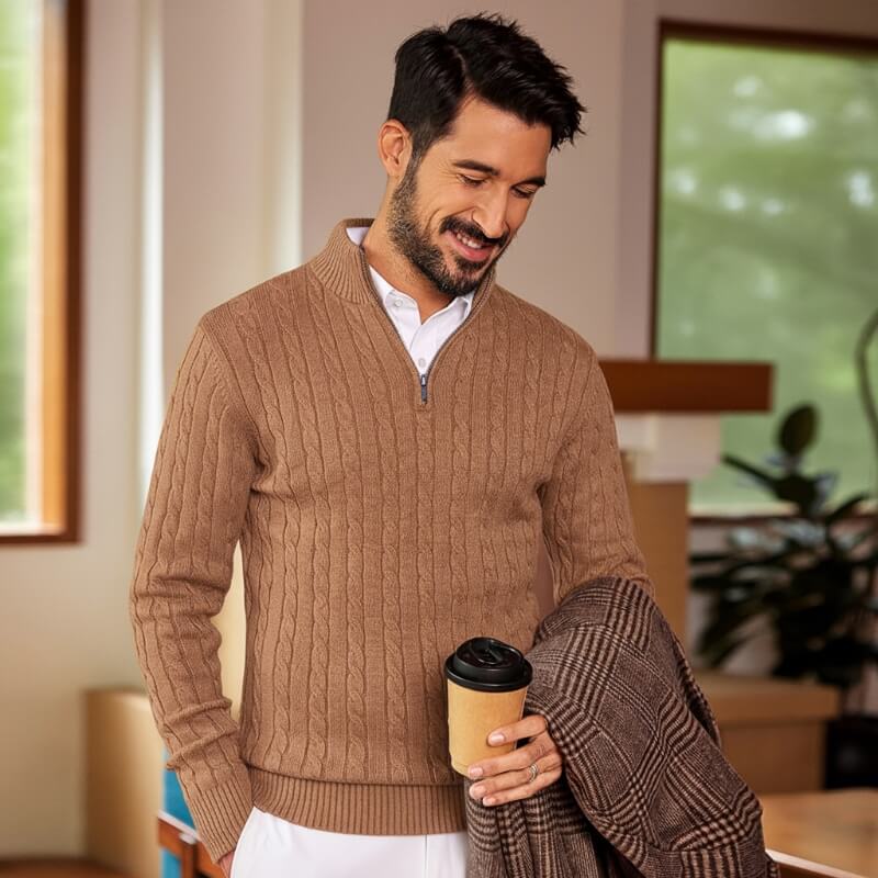 Men's Quarter-Zip Cable-Knit Cashmere Turtleneck Pullover Mock Neck Polo Sweater