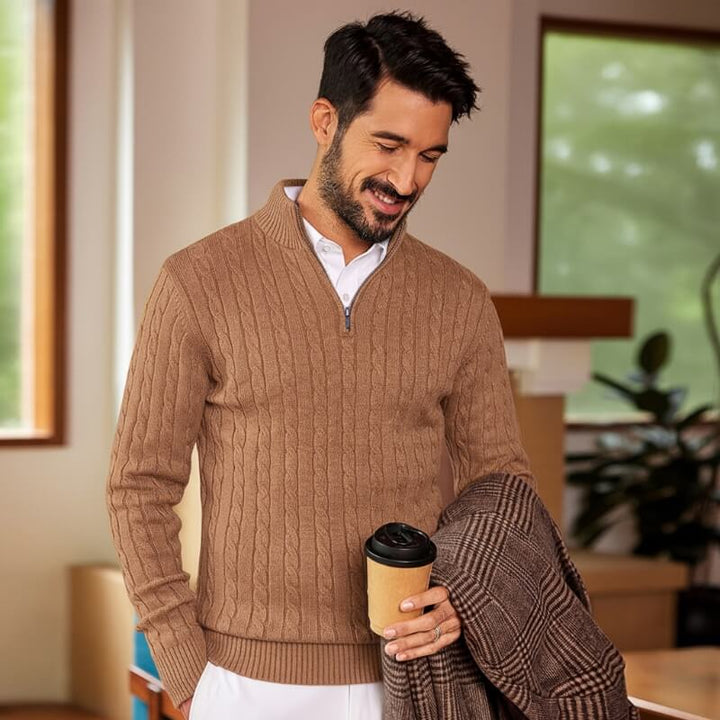 Men's Quarter-Zip Cable-Knit Cashmere Turtleneck Pullover Mock Neck Polo Sweater